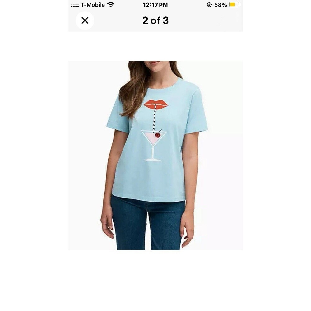 KATE SPADE New York Lt Blue COCKTAIL HOUR TEE T Shirt Top Lips Cherry sz XL Cute
